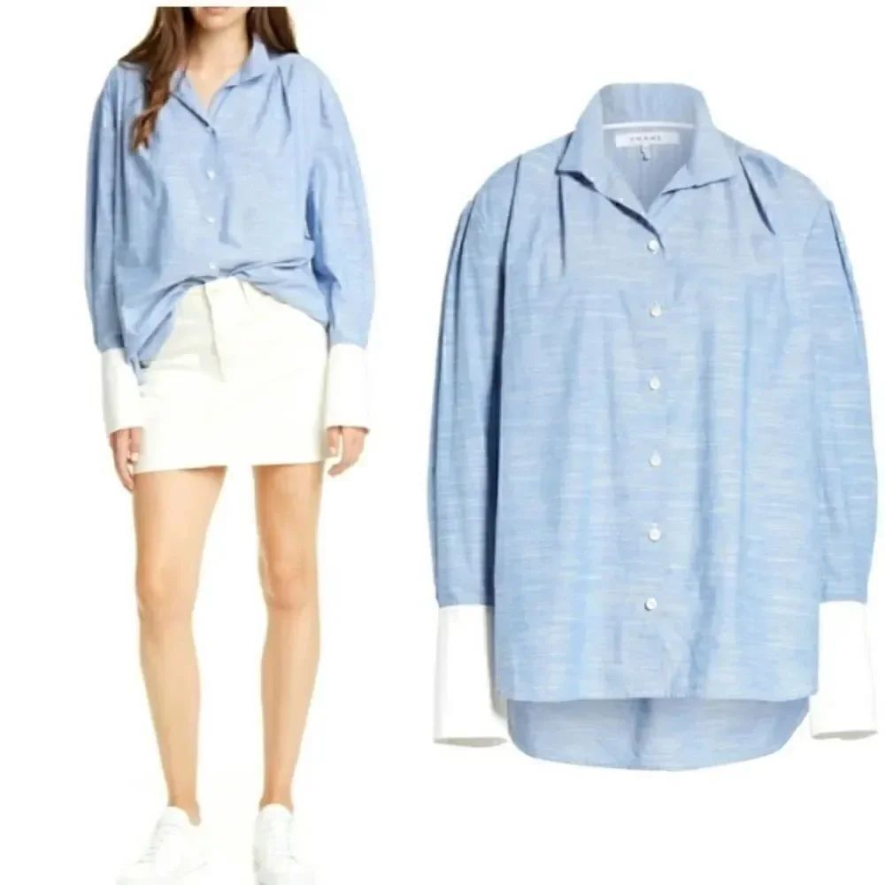 Frame Oxford Blue Pleated Contrast Cuff Button Up - Picture 3 of 11